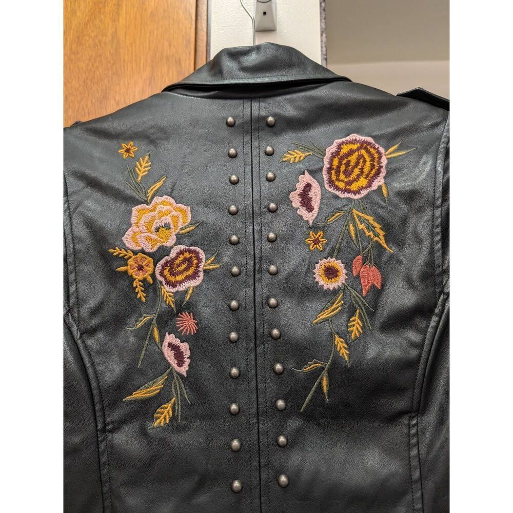 Embroidered Studded Moto Faux Leather Jacket Women's Large Sugarlips - Picture 4 of 16